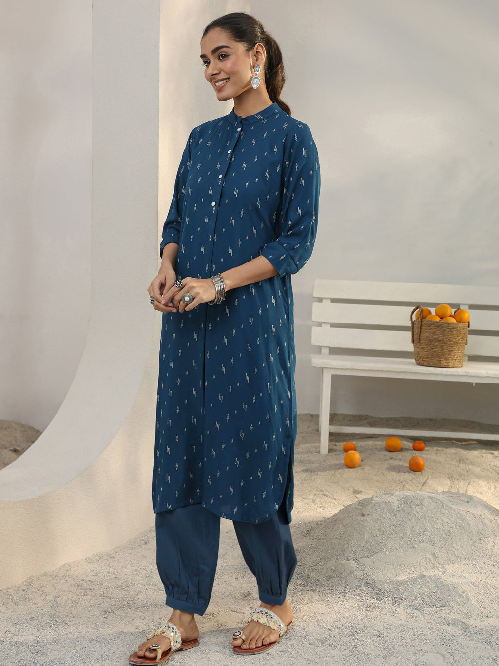 Libas Blue Woven Design Rayon Straight Kurta