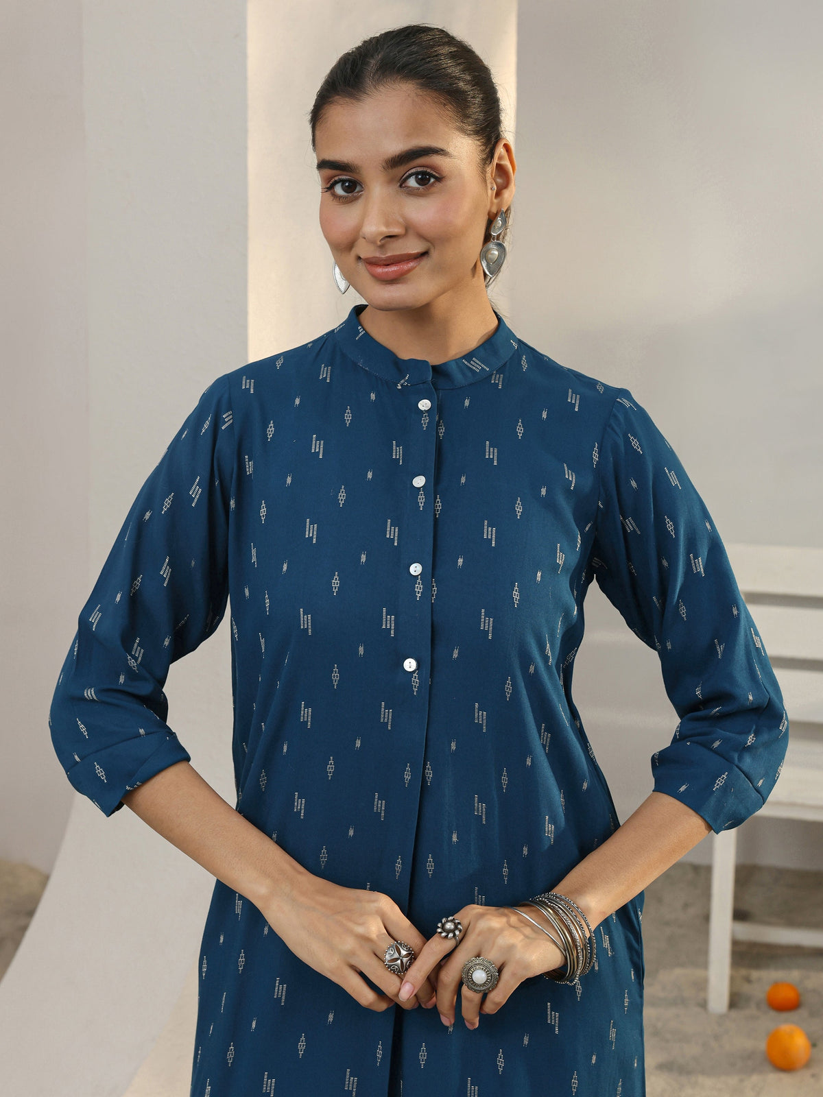 Libas Blue Woven Design Rayon Straight Kurta
