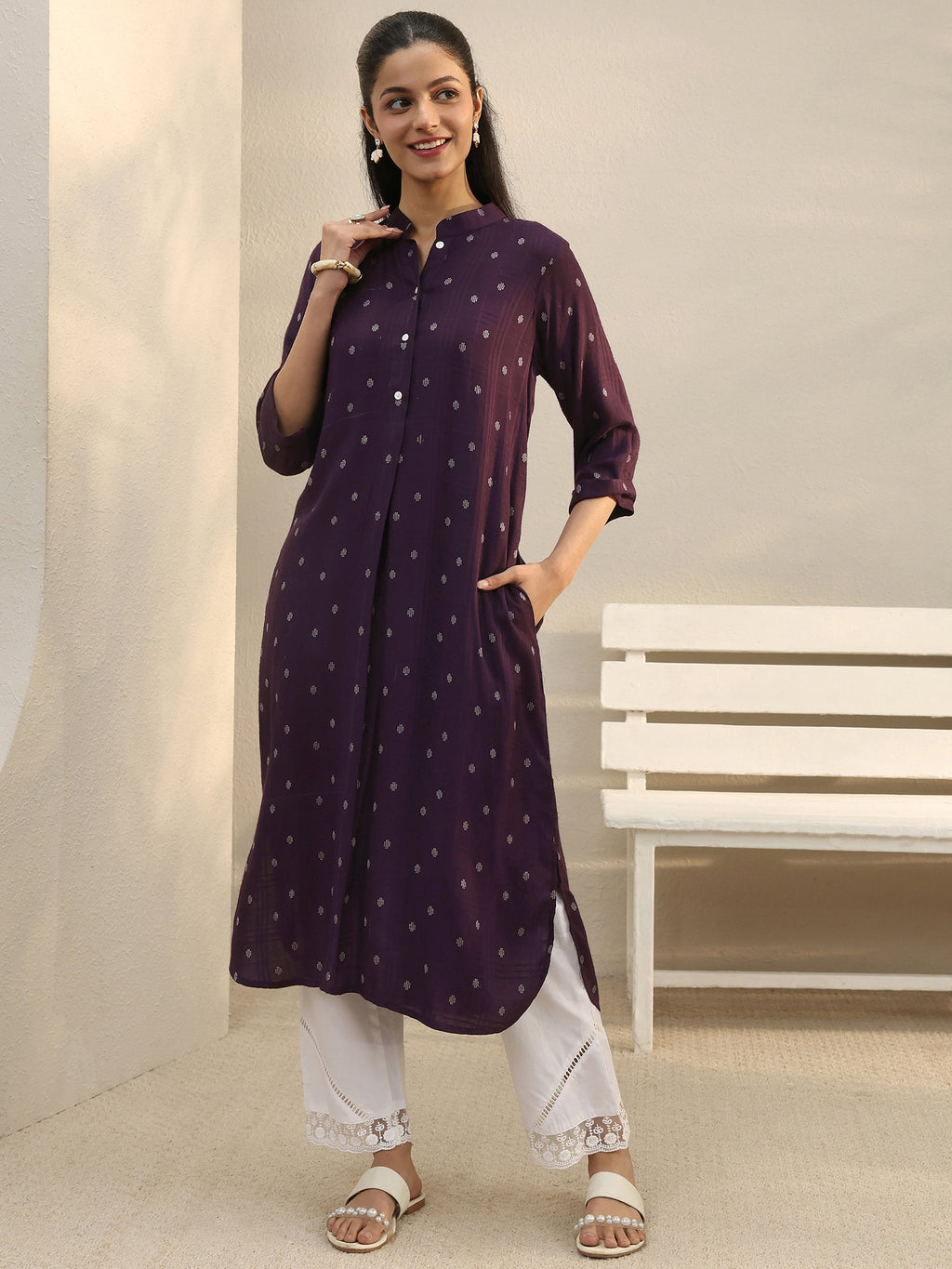 Libas Burgundy Woven Design Rayon Straight Kurta