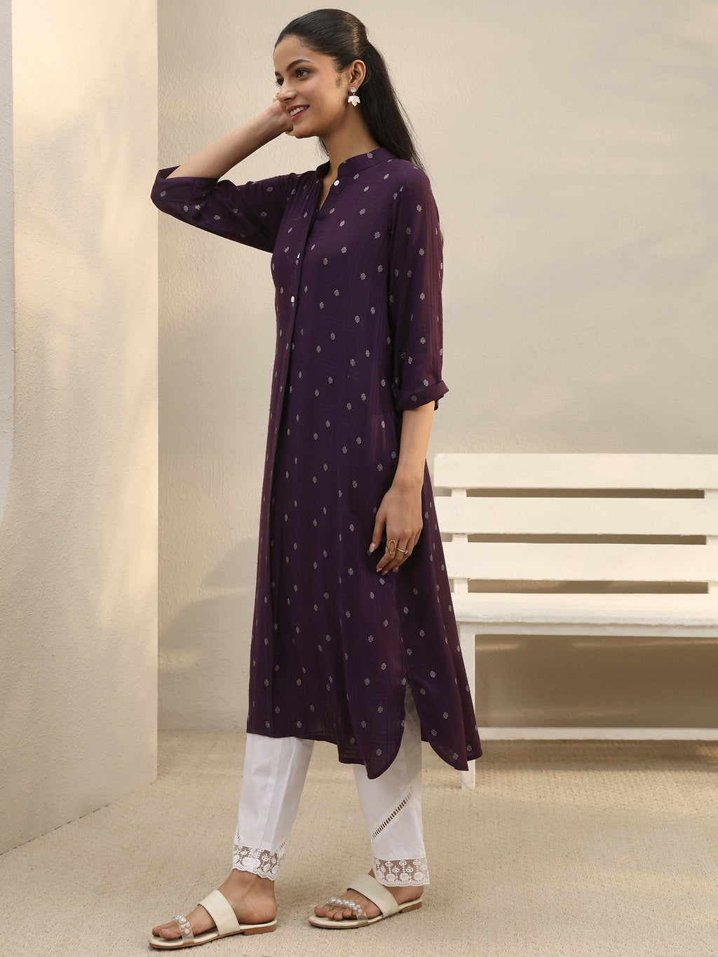 Libas Burgundy Woven Design Rayon Straight Kurta