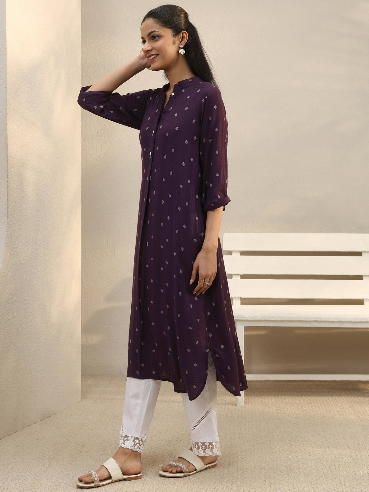 Libas Burgundy Woven Design Rayon Straight Kurta