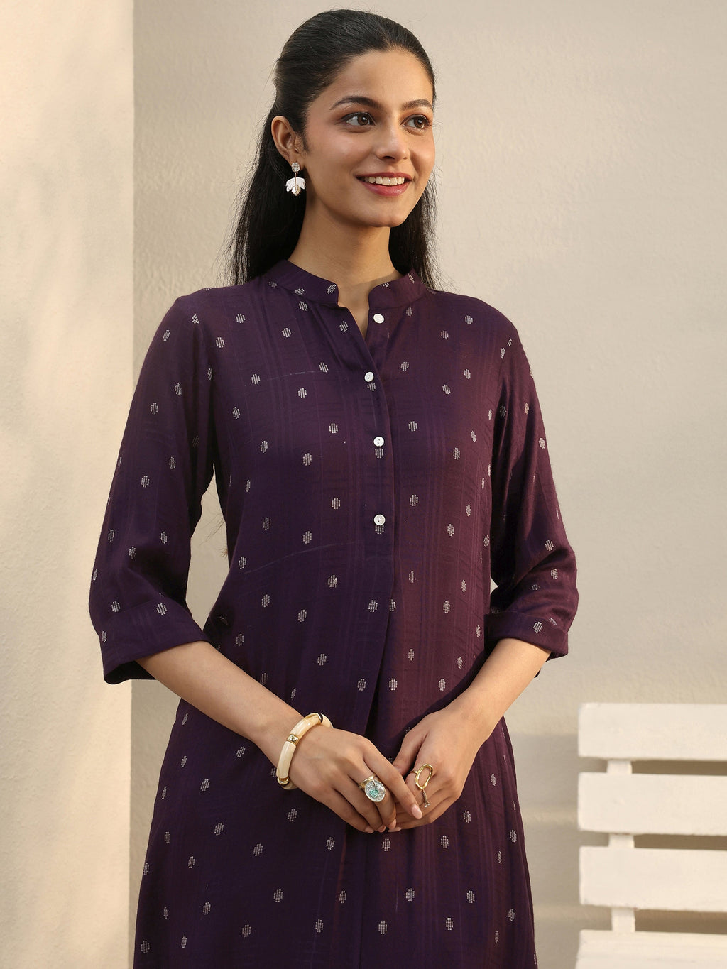 Libas Burgundy Woven Design Rayon Straight Kurta