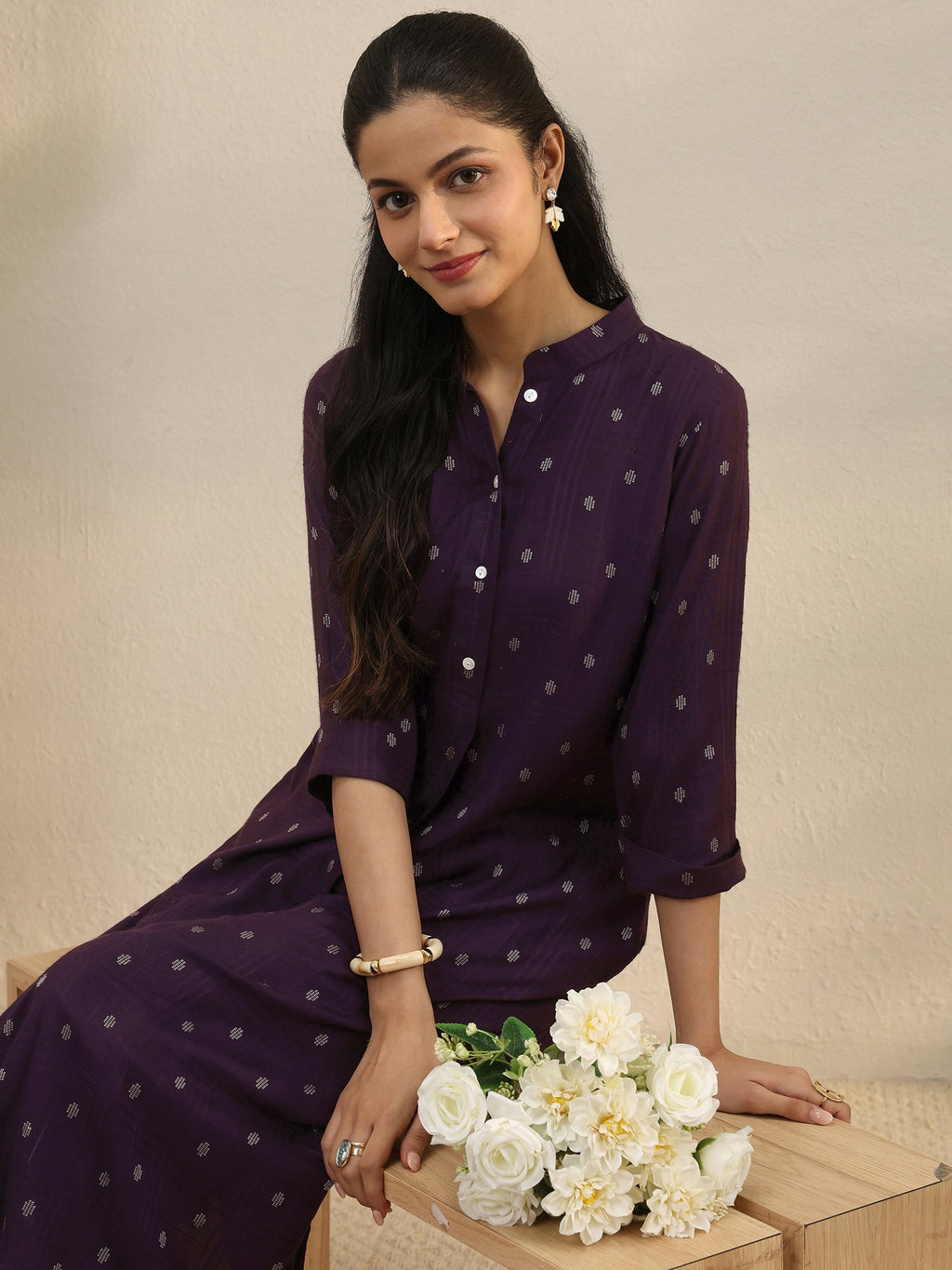 Libas Burgundy Woven Design Rayon Straight Kurta