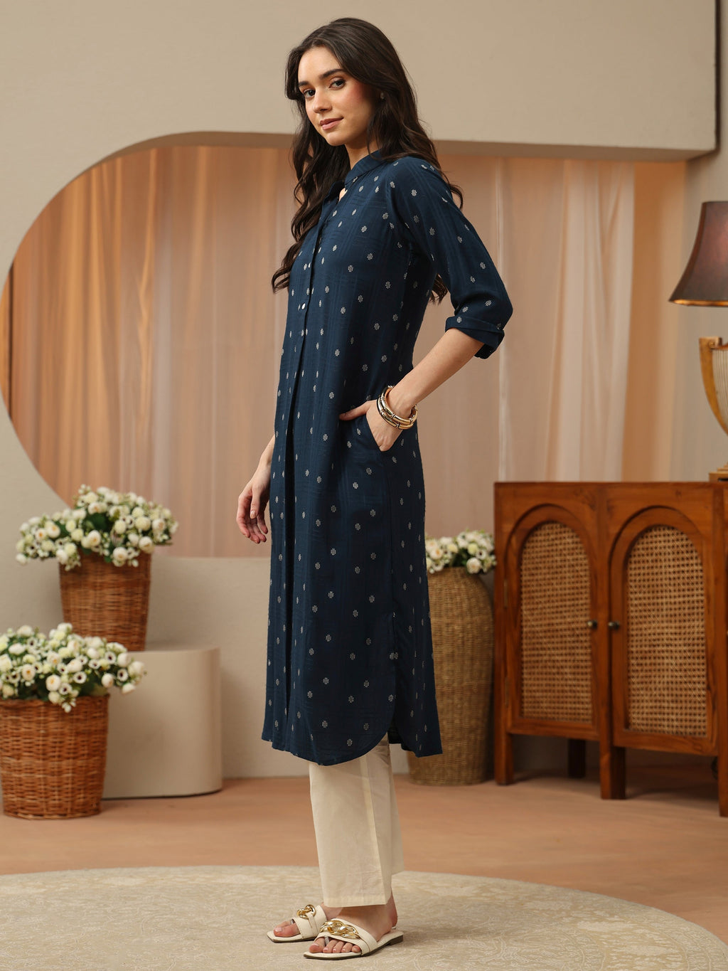 Libas Blue Woven Design Rayon Straight Kurta