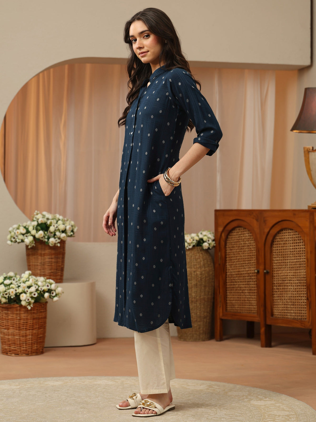 Libas Blue Woven Design Rayon Straight Kurta