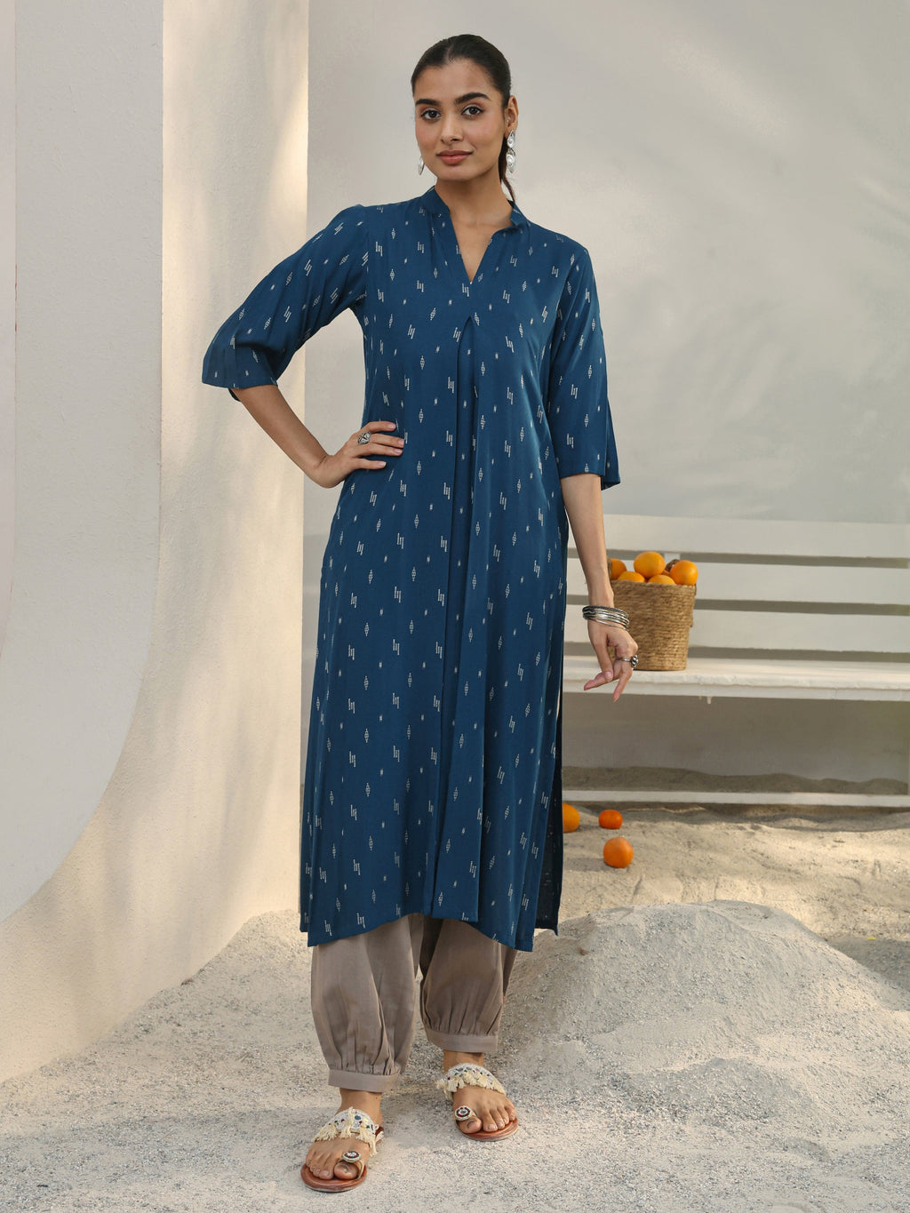 Libas Blue Woven Design Rayon Straight Kurta