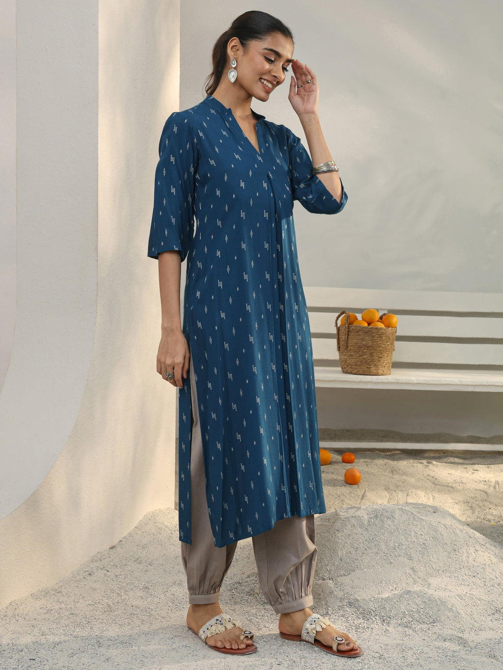 Libas Blue Woven Design Rayon Straight Kurta