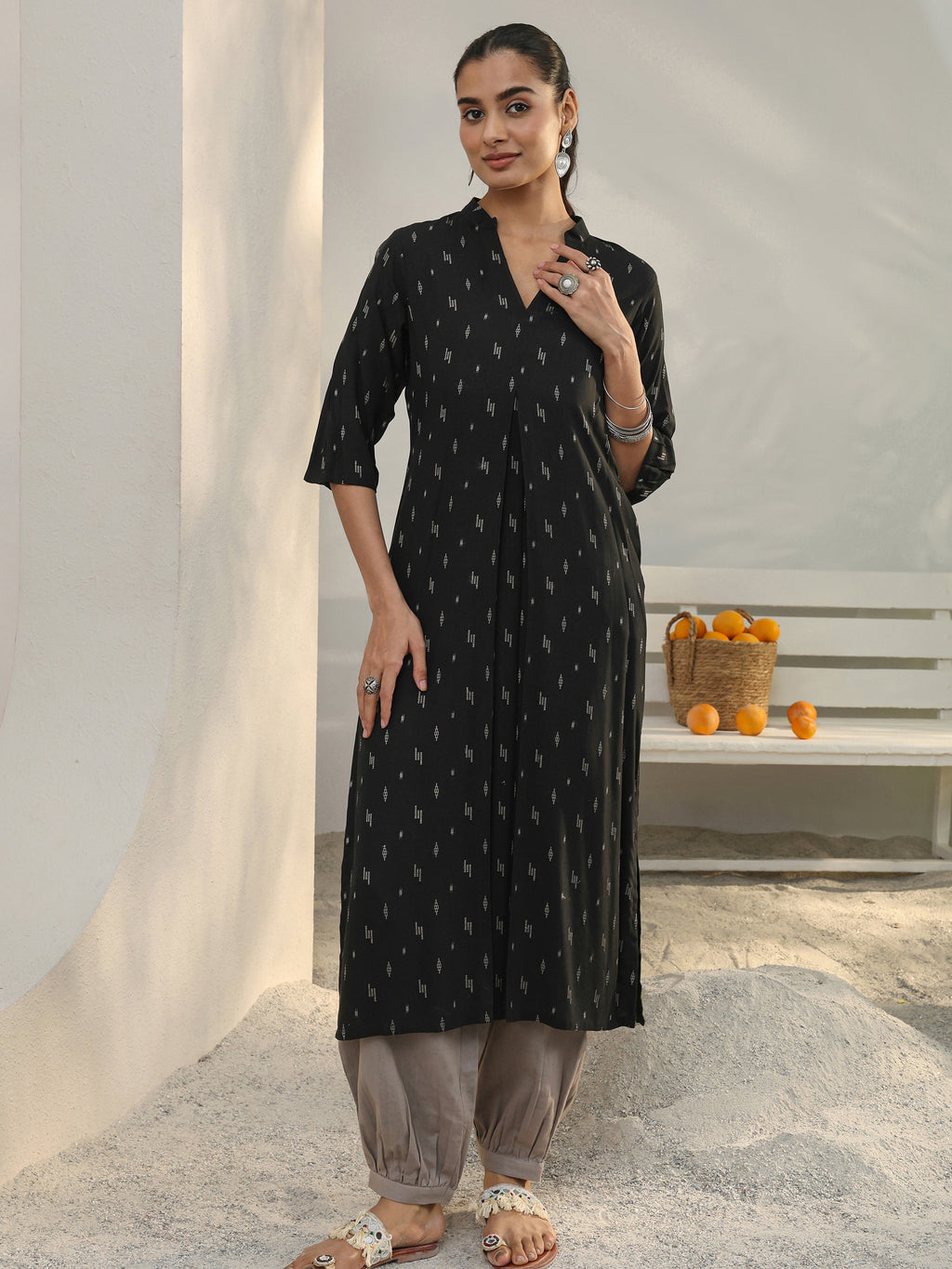 Libas Black Woven Design Rayon Straight Kurta