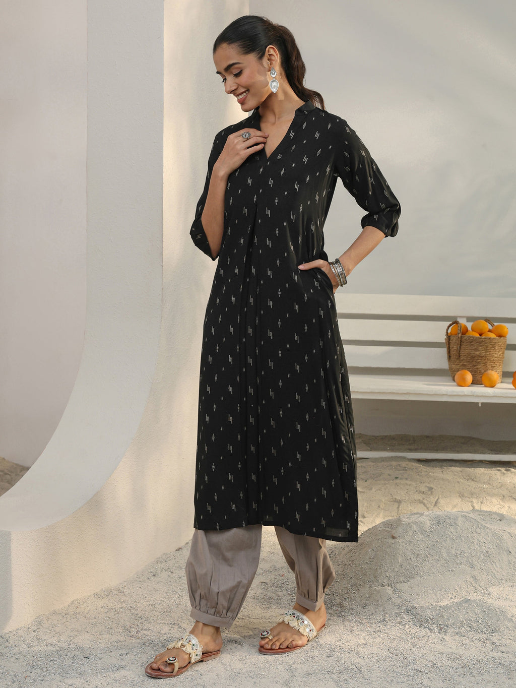 Libas Black Woven Design Rayon Straight Kurta