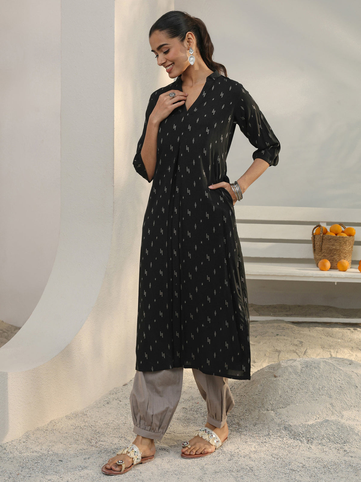 Libas Black Woven Design Rayon Straight Kurta