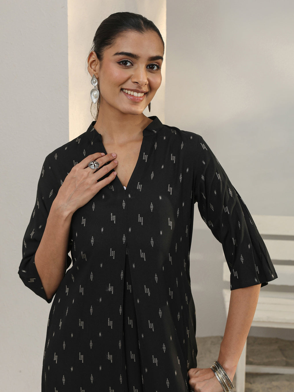 Libas Black Woven Design Rayon Straight Kurta