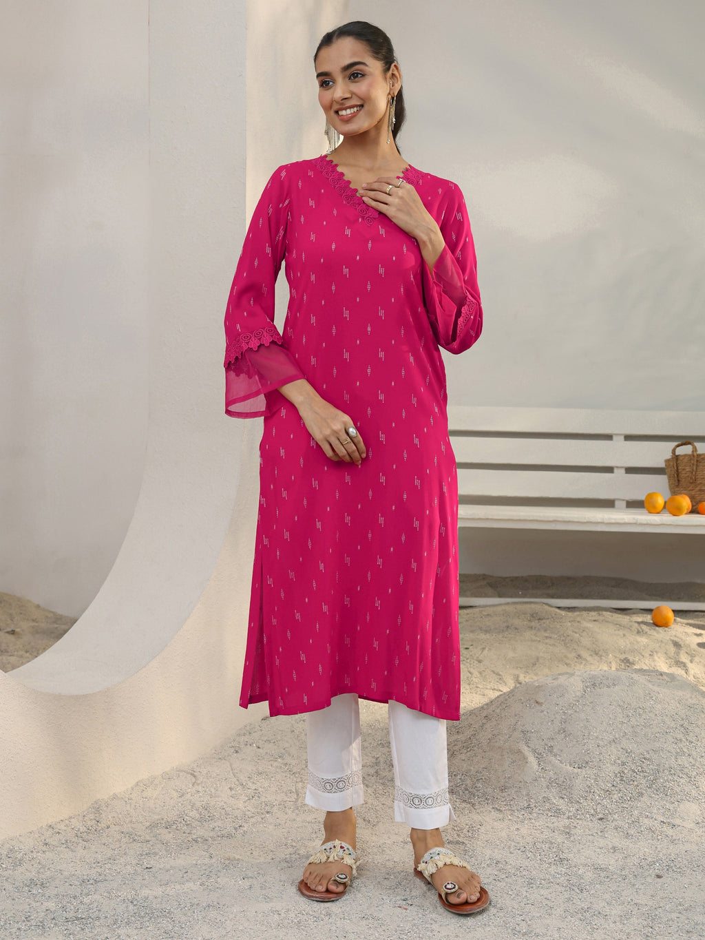 Libas Pink Woven Design Rayon Straight Kurta
