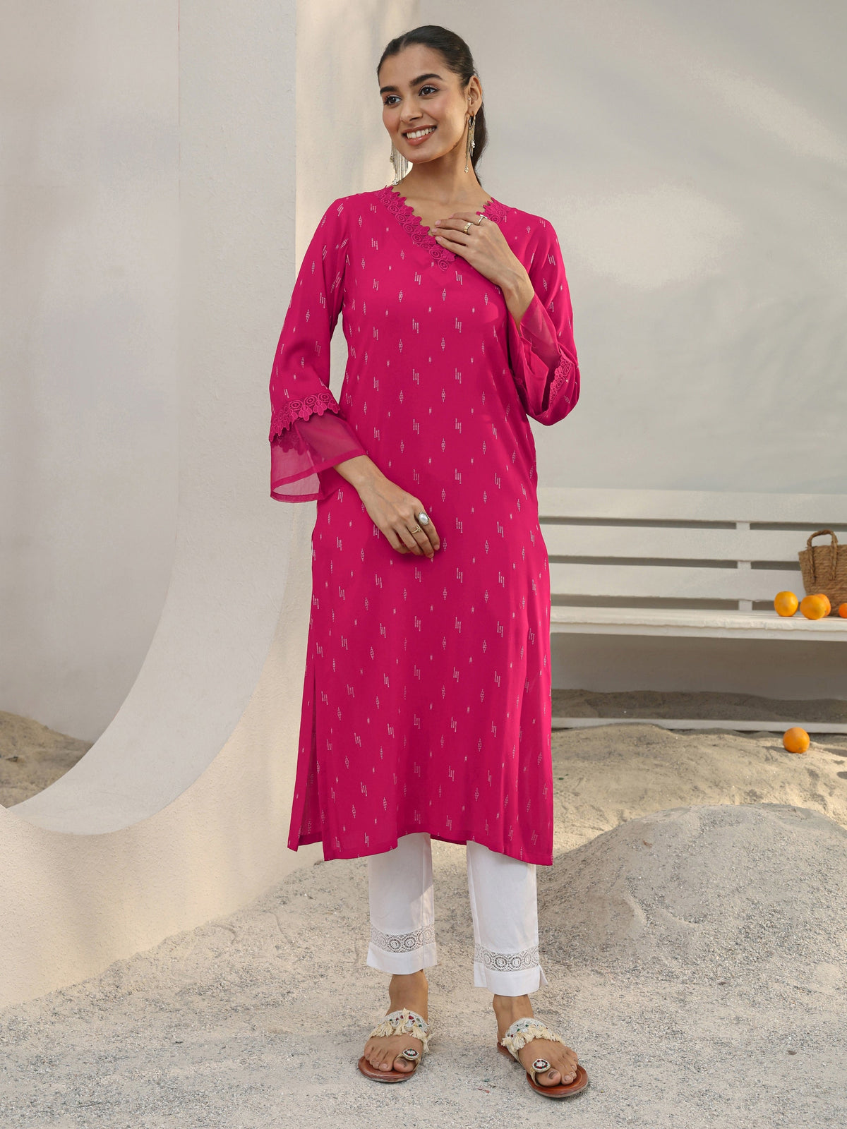 Libas Pink Woven Design Rayon Straight Kurta
