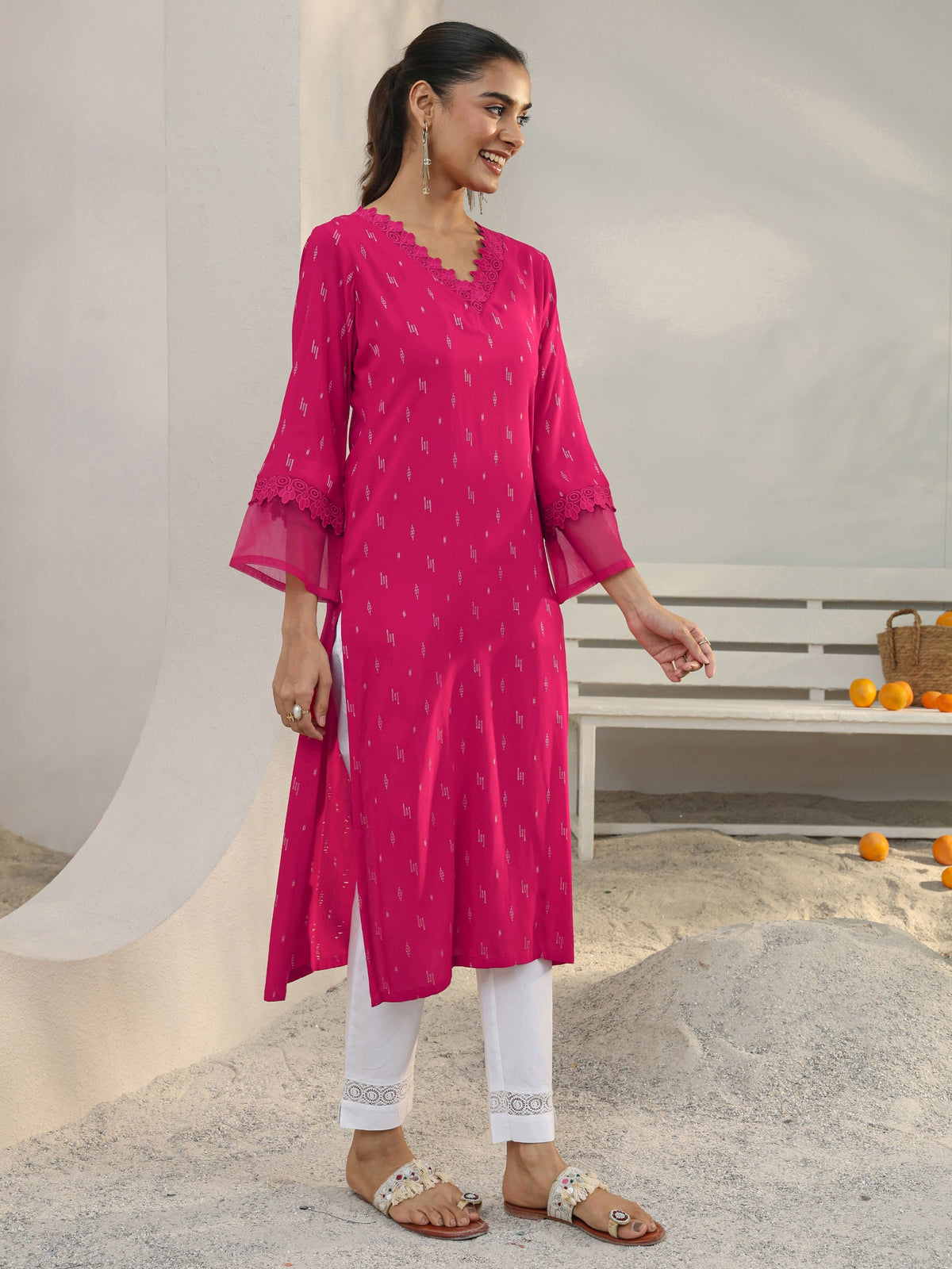 Libas Pink Woven Design Rayon Straight Kurta