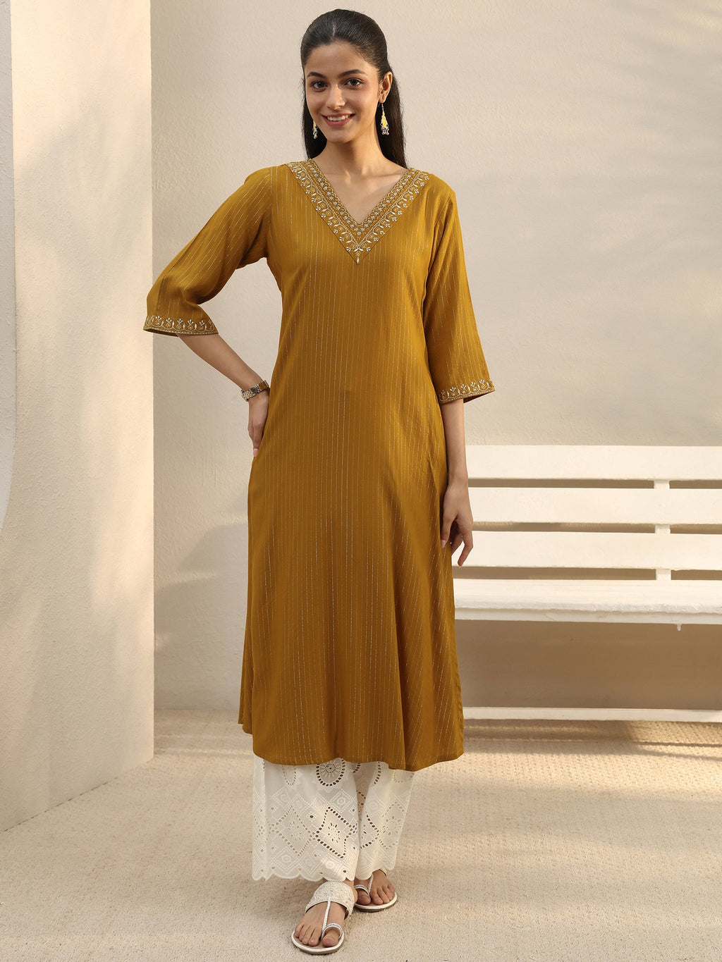 Libas Mustard Striped Rayon Straight Kurta