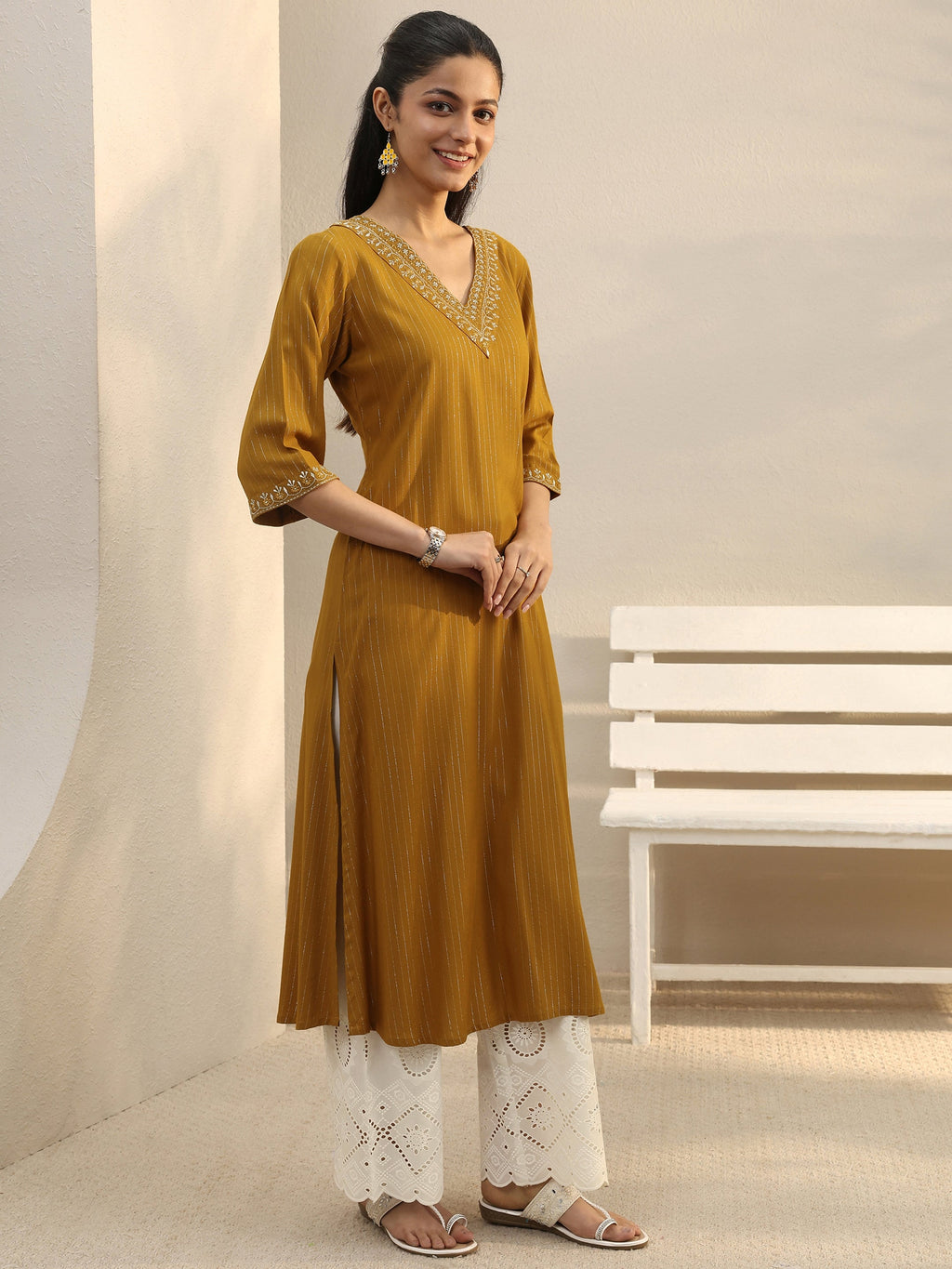 Libas Mustard Striped Rayon Straight Kurta