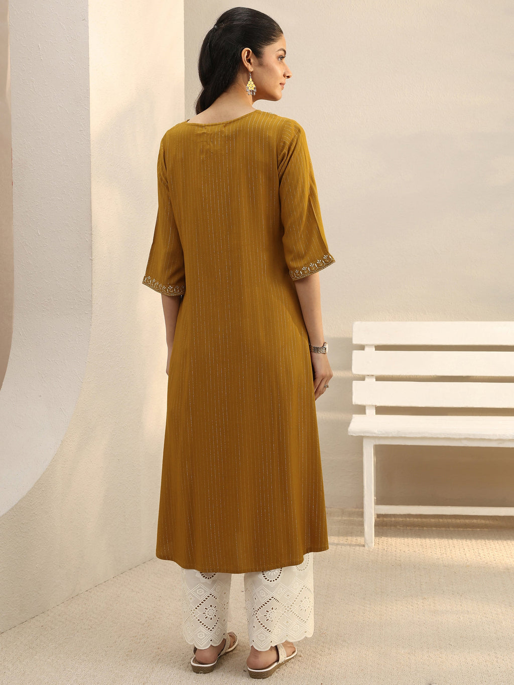 Libas Mustard Striped Rayon Straight Kurta
