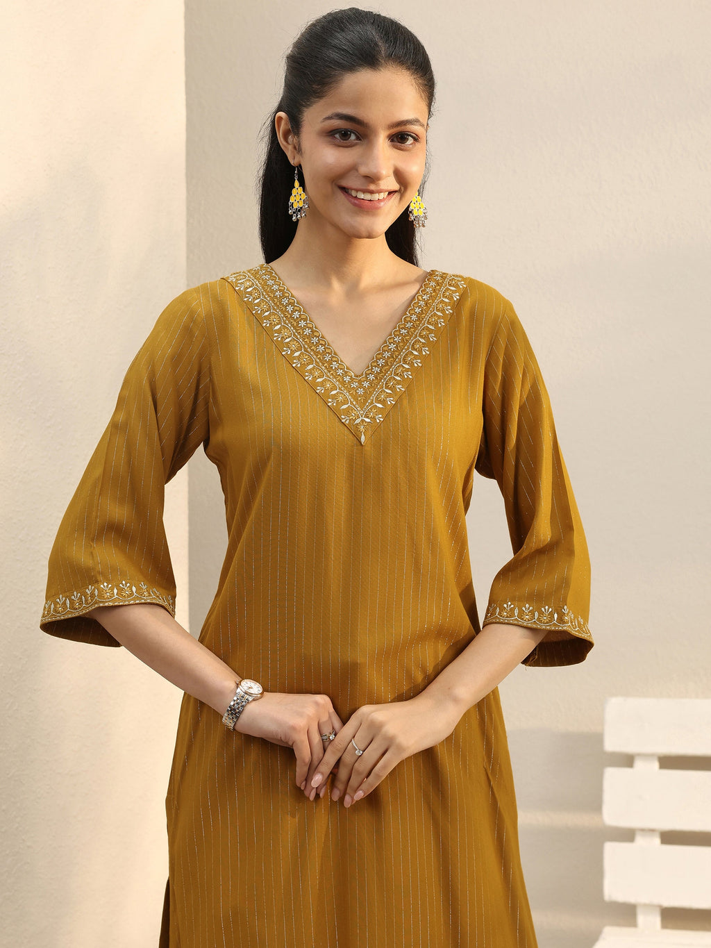Libas Mustard Striped Rayon Straight Kurta