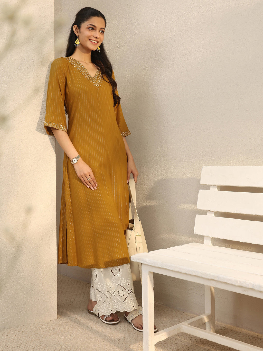 Libas Mustard Striped Rayon Straight Kurta