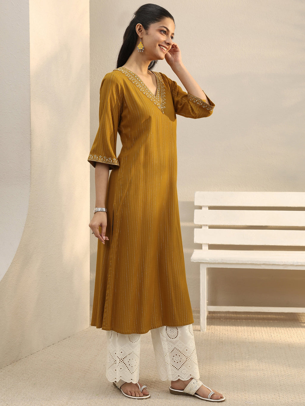 Libas Mustard Striped Rayon Straight Kurta