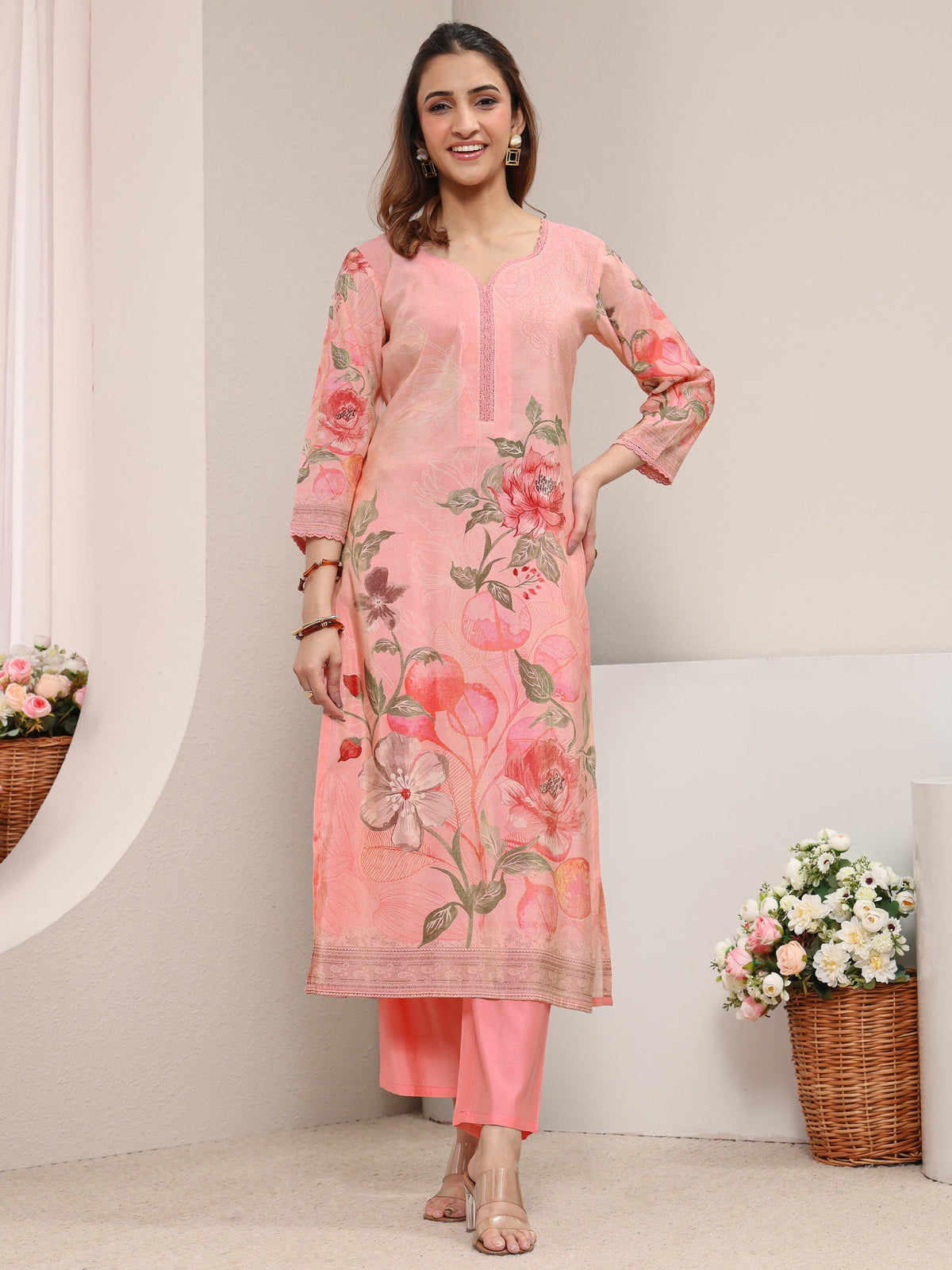 Libas Pink Floral Printed Silk Blend Straight Kurta