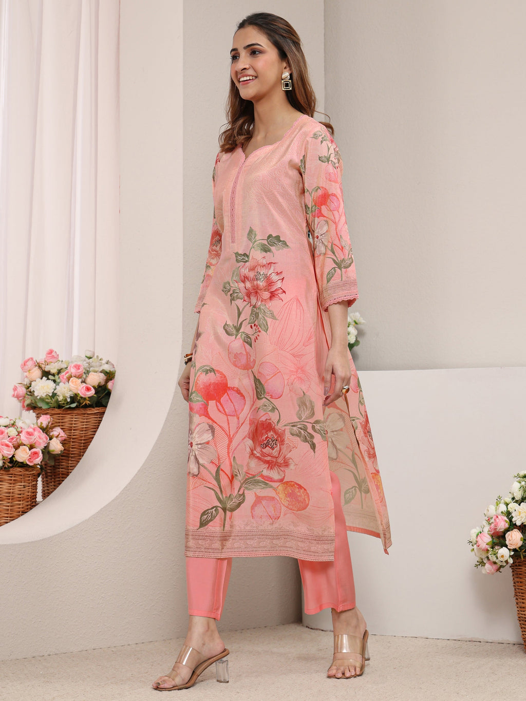 Libas Pink Floral Printed Silk Blend Straight Kurta