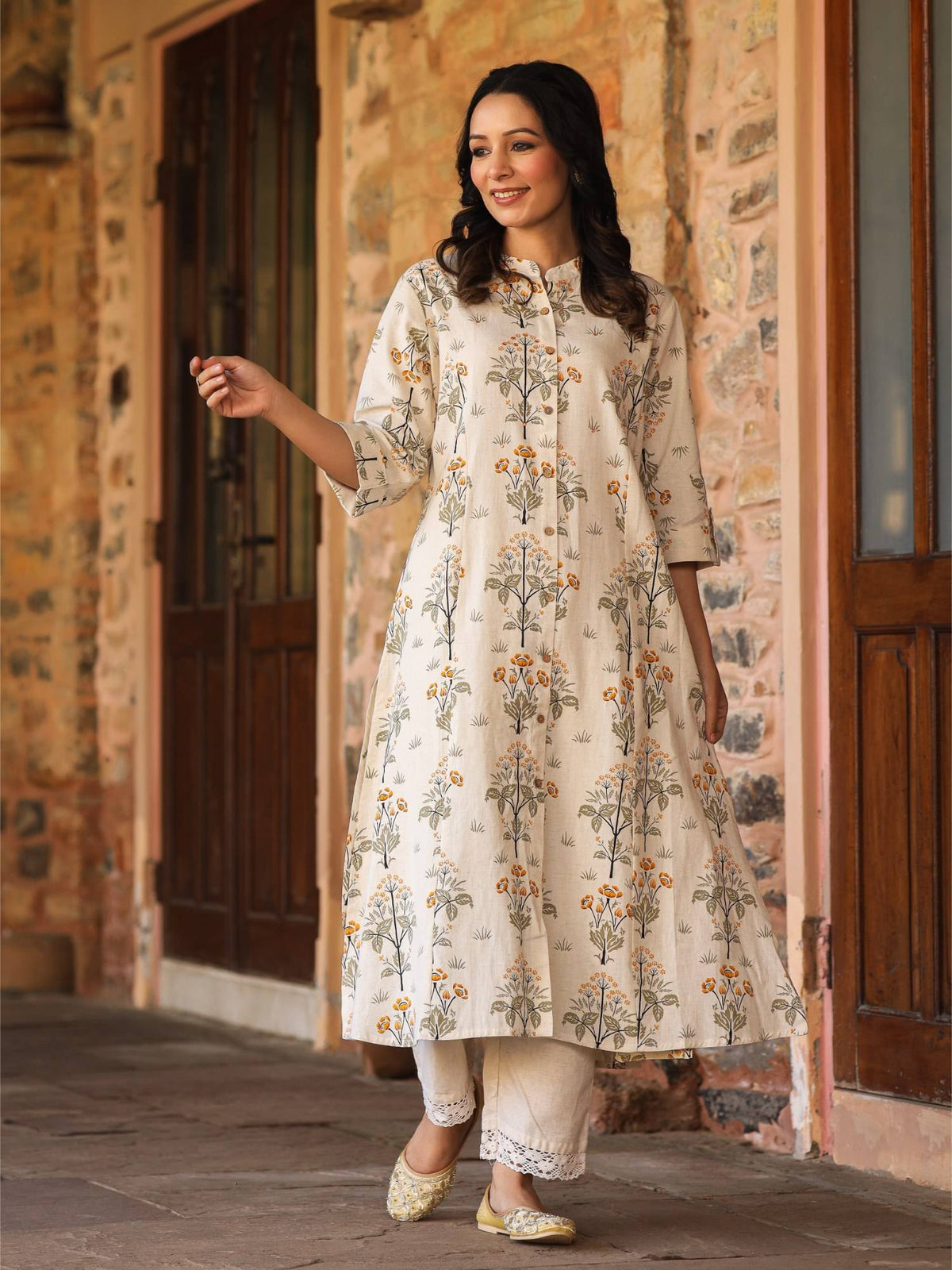 A-Line Kurta Princess Cut On Flaked and Embroidery with Mirror Work Orange | U3S - view 2