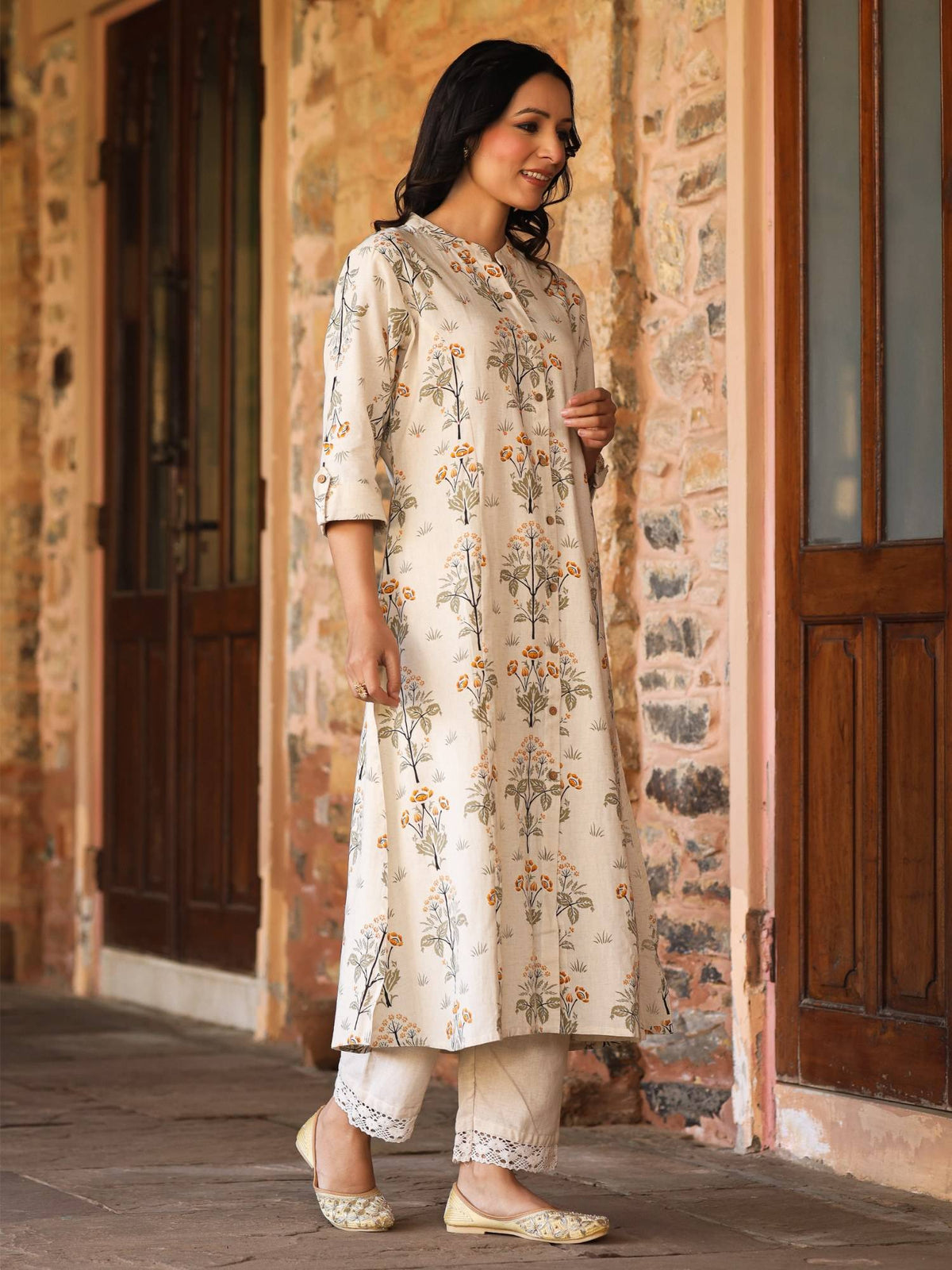 A-Line Kurta Princess Cut On Flaked and Embroidery with Mirror Work Orange | U3S - view 4