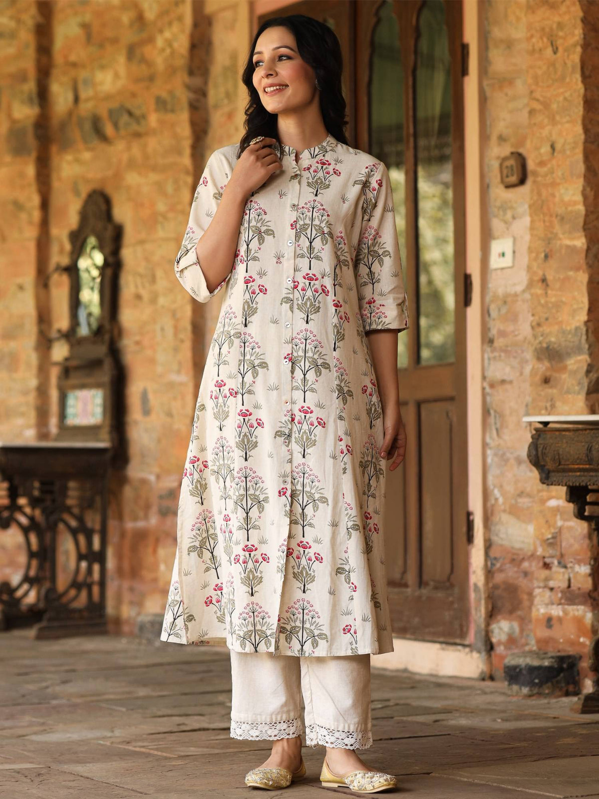 A-Line Kurta Princess Cut On Flaked and Embroidery with Mirror Work Pink | U3S - view 2