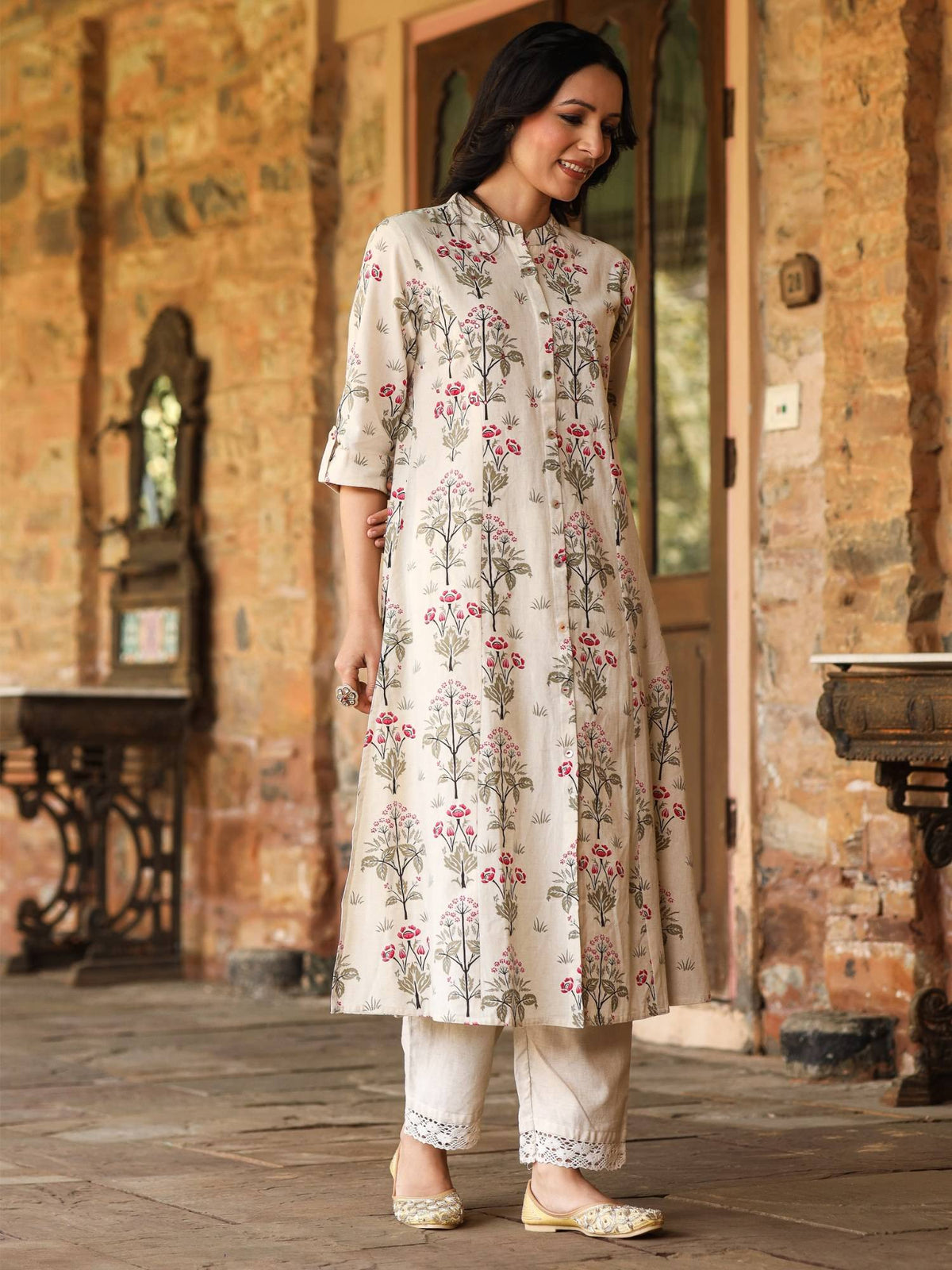 A-Line Kurta Princess Cut On Flaked and Embroidery with Mirror Work Pink | U3S - view 4