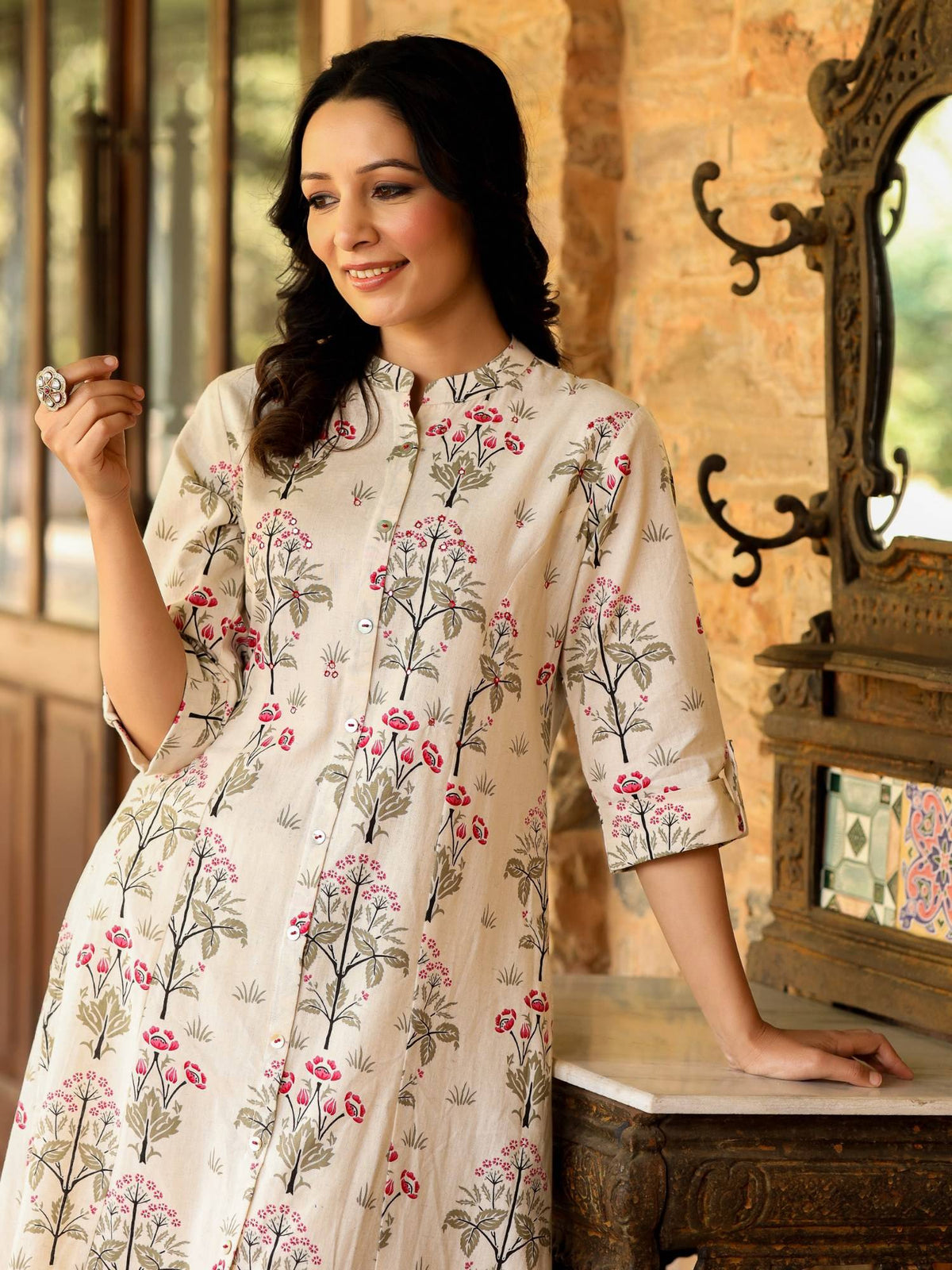 A-Line Kurta Princess Cut On Flaked and Embroidery with Mirror Work Pink | U3S - view 5