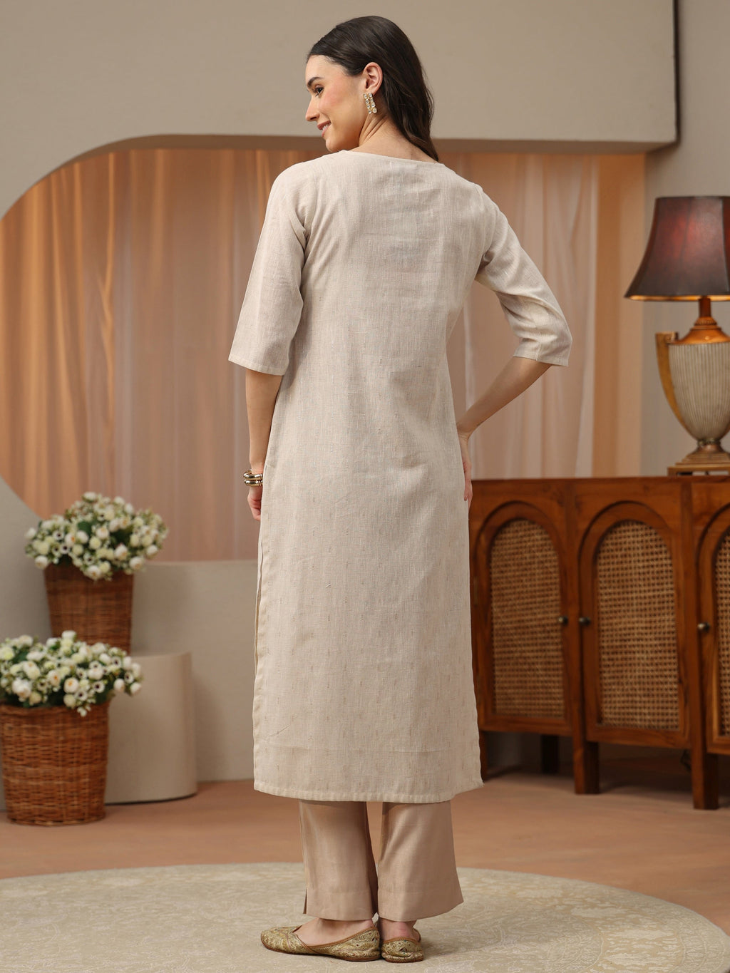 Libas Off White Yoke Design Cotton Blend Straight Kurta
