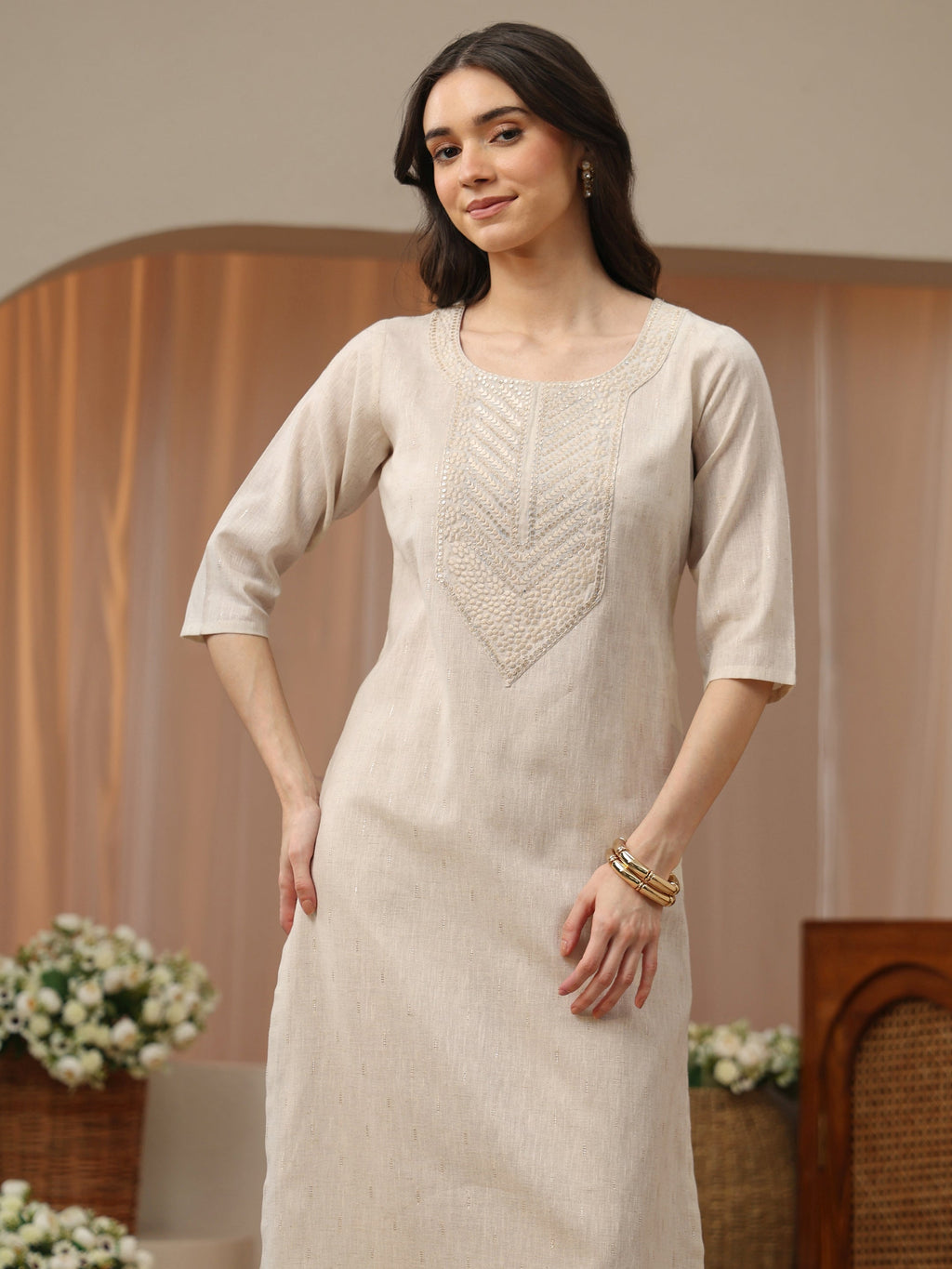 Libas Off White Yoke Design Cotton Blend Straight Kurta