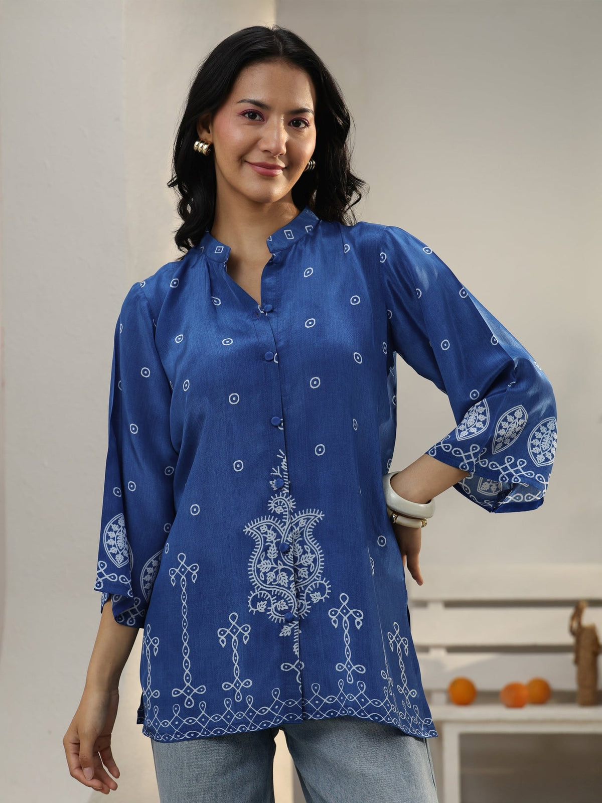 Libas Blue Ethnic Printed Crepe Shirt K60