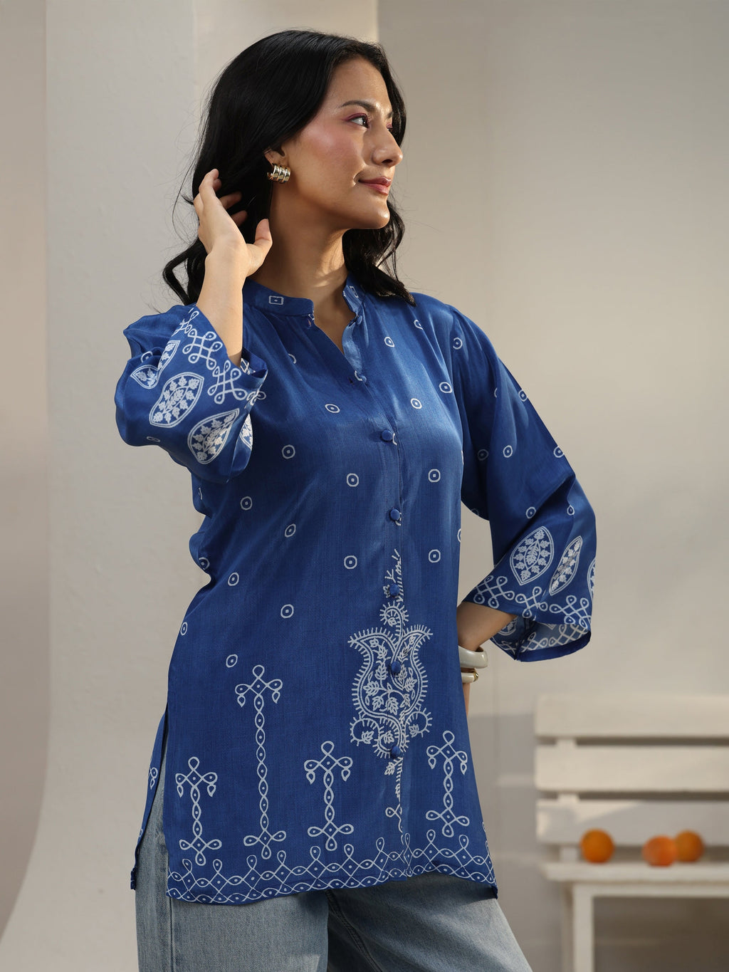 Libas Blue Ethnic Printed Crepe Shirt