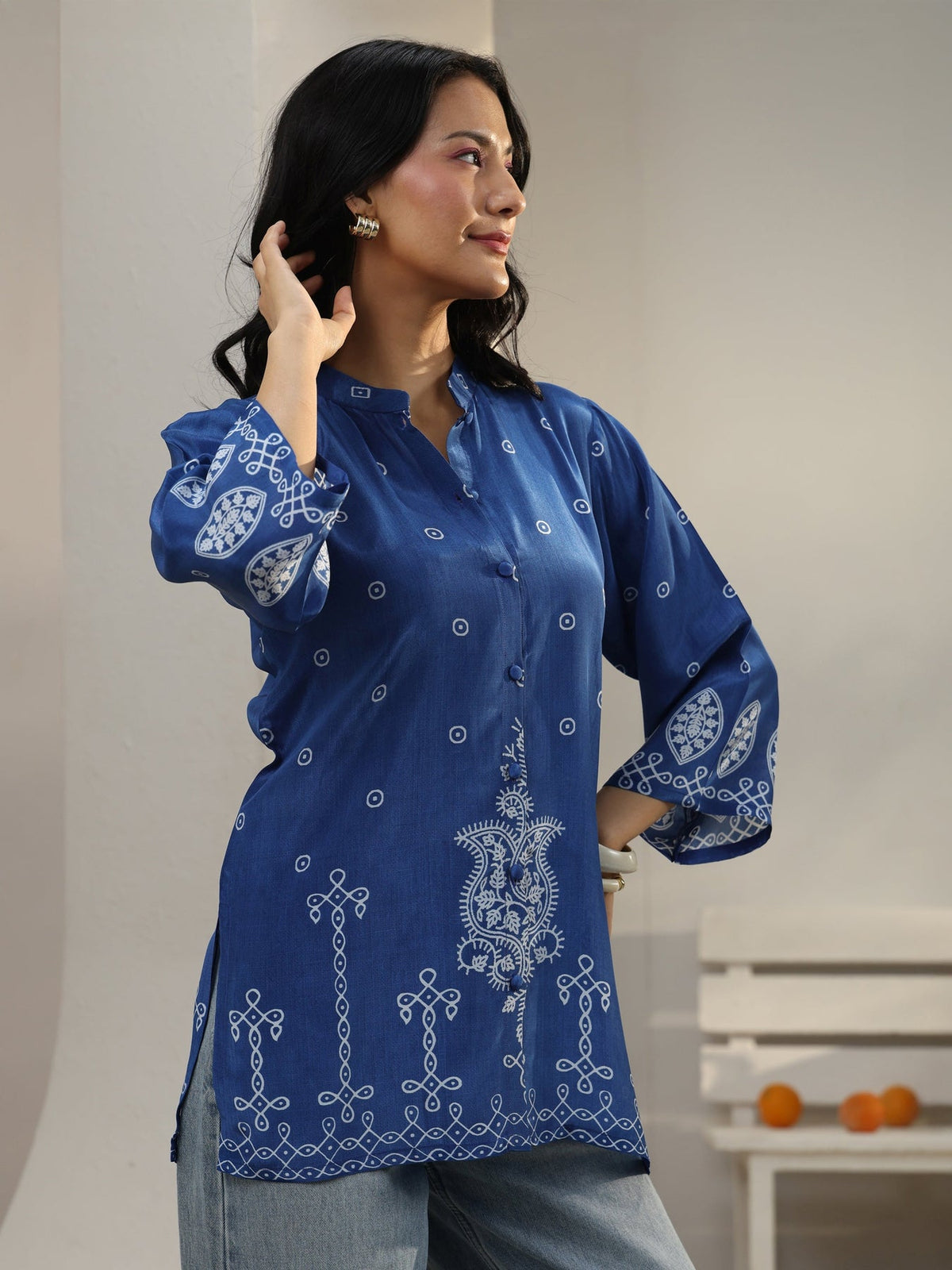 Libas Blue Ethnic Printed Crepe Shirt K60
