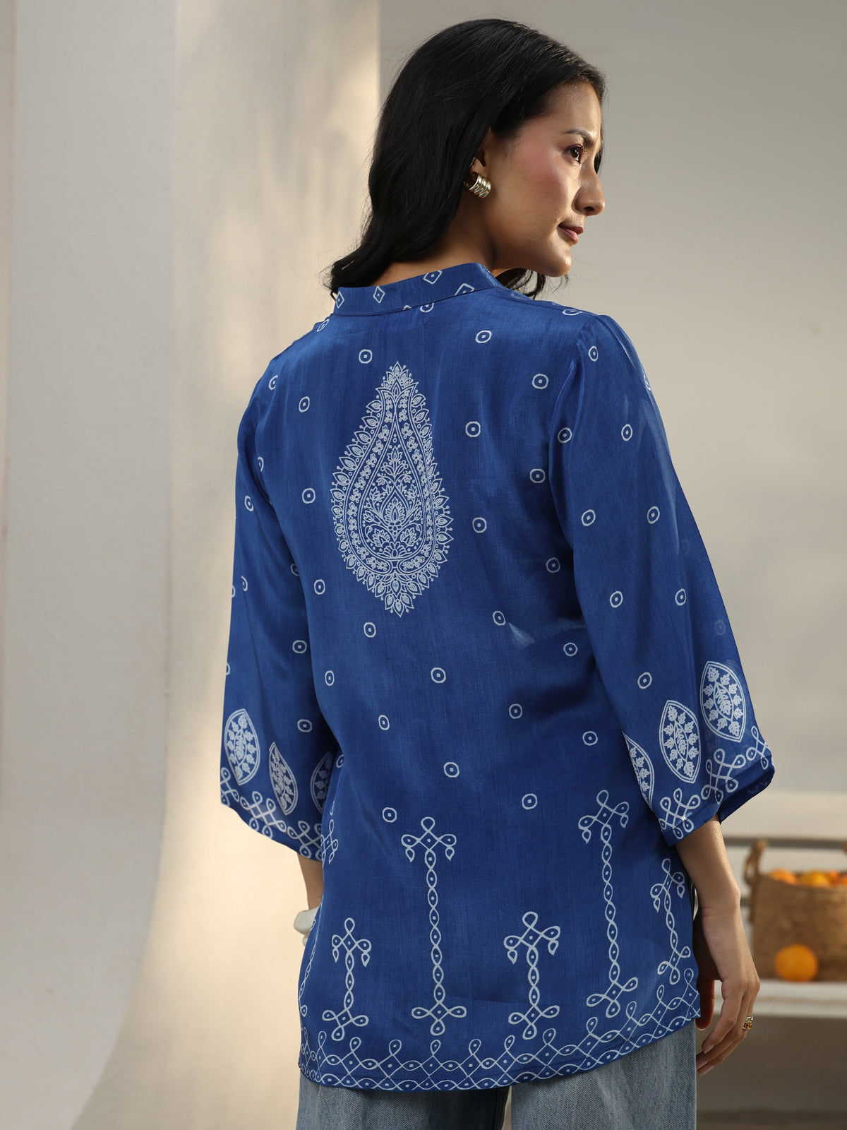Libas Blue Ethnic Printed Crepe Shirt