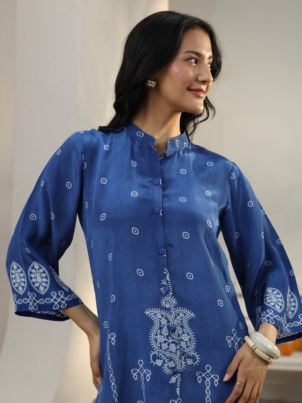 Libas Blue Ethnic Printed Crepe Shirt