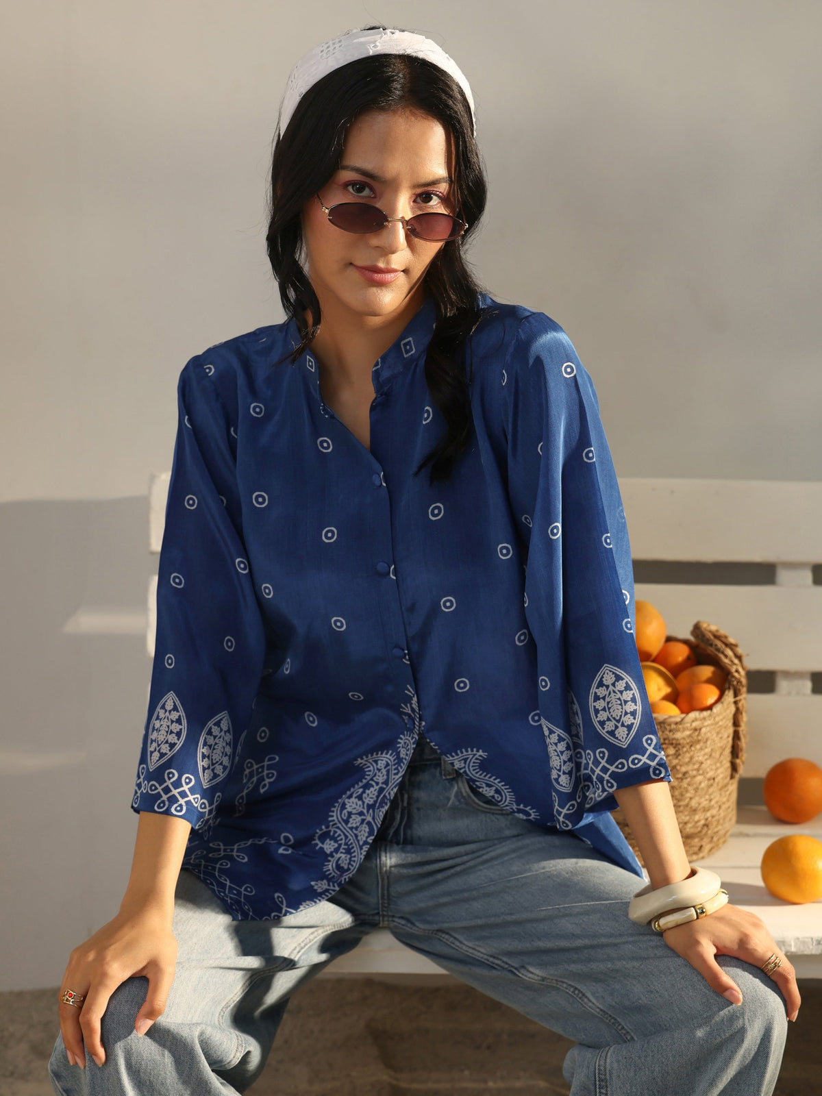 Libas Blue Ethnic Printed Crepe Shirt