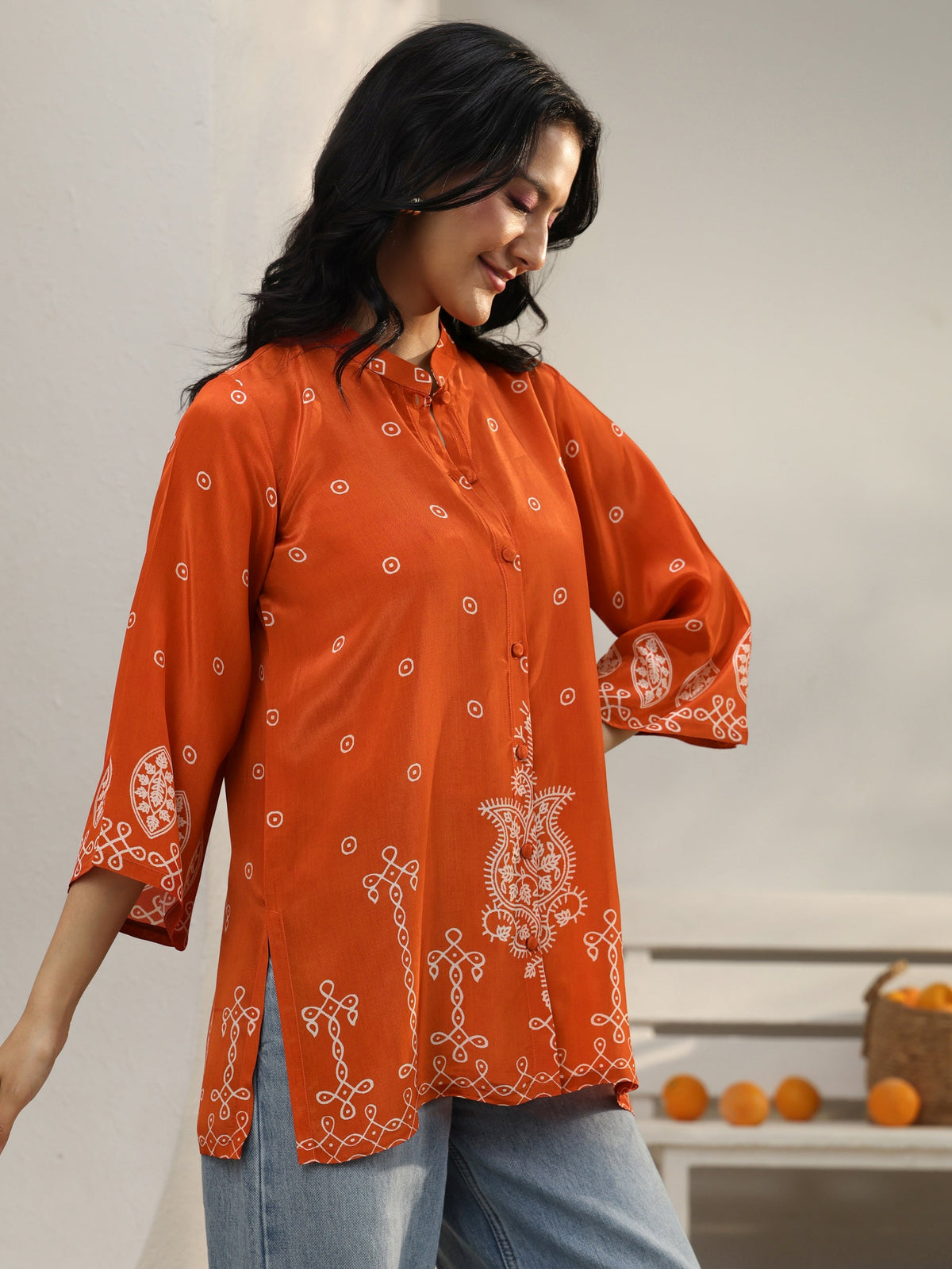 Libas Orange Ethnic Printed Crepe Shirt