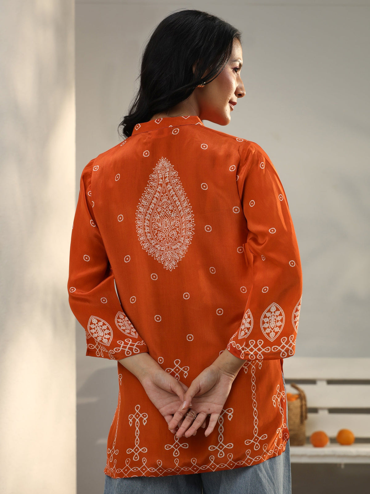 Libas Orange Ethnic Printed Crepe Shirt