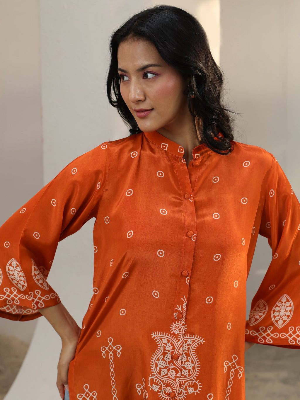 Libas Orange Ethnic Printed Crepe Shirt