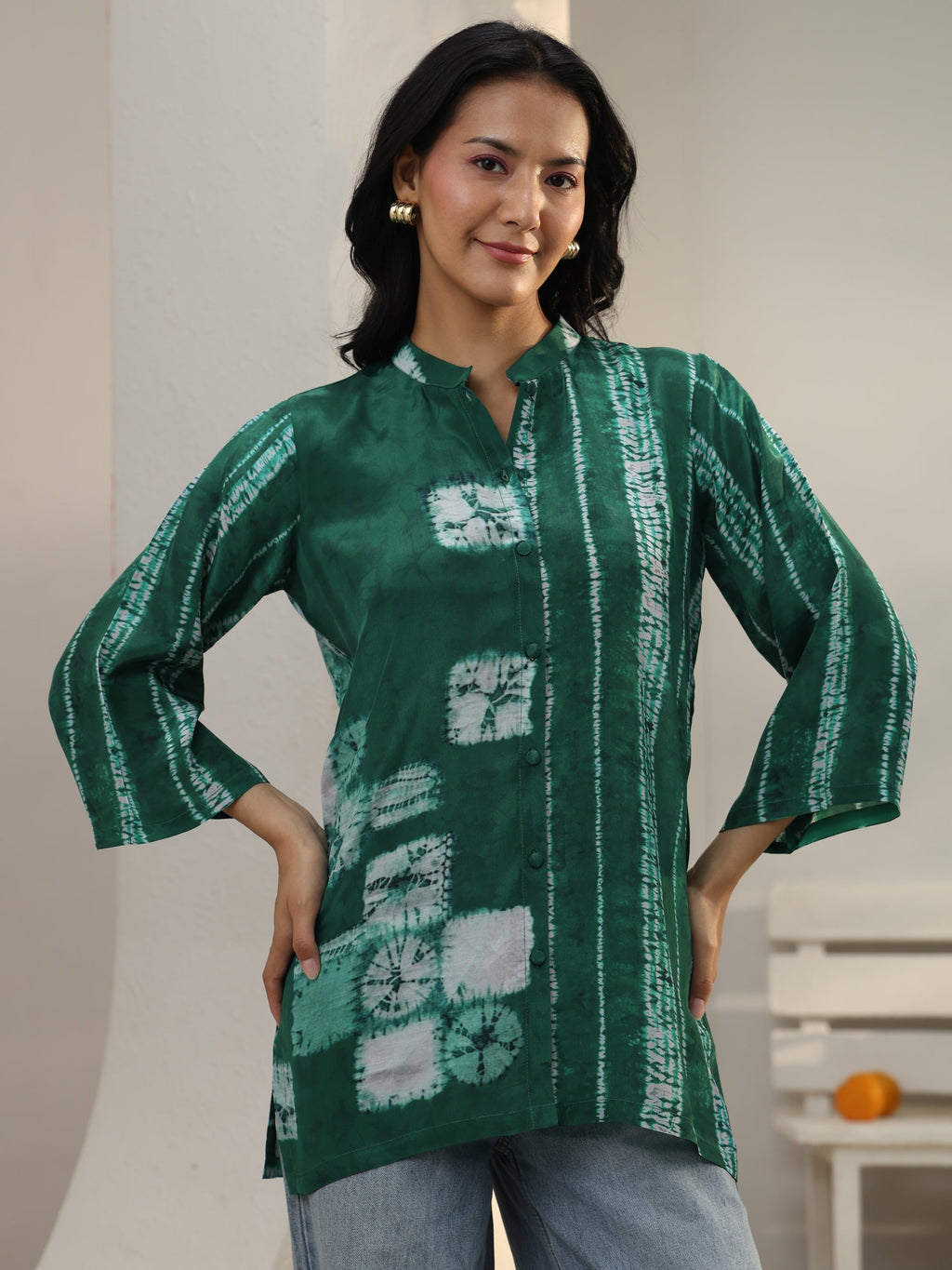 Libas Green Geometric Printed Crepe Shirt