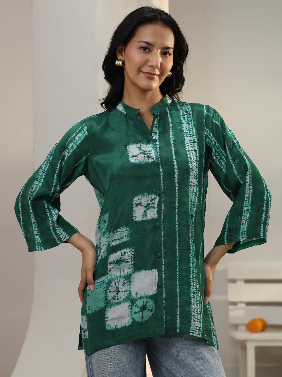 Libas Green Geometric Printed Crepe Shirt