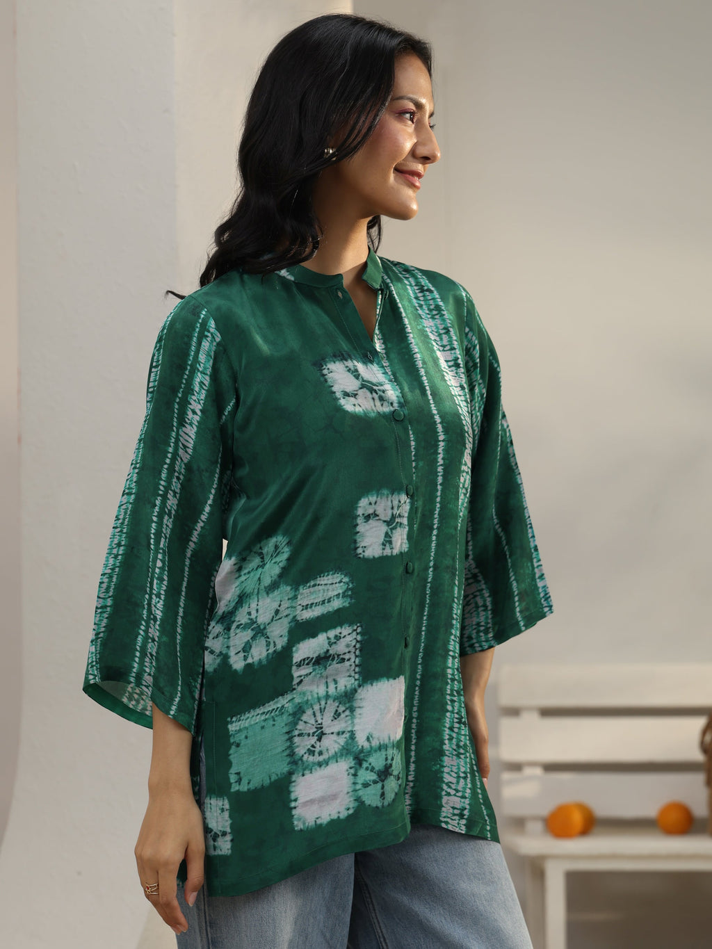 Libas Green Geometric Printed Crepe Shirt