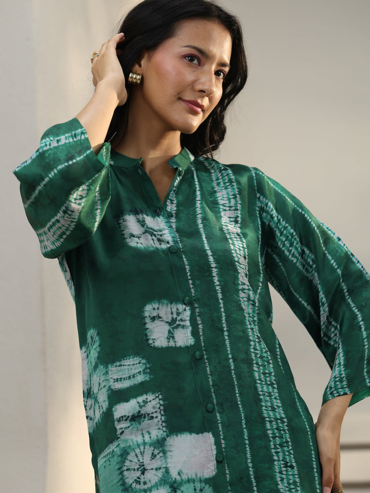 Libas Green Geometric Printed Crepe Shirt K60