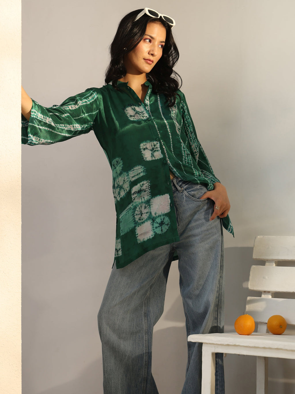 Libas Green Geometric Printed Crepe Shirt
