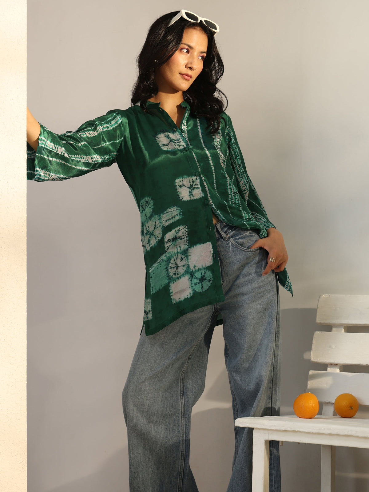 Libas Green Geometric Printed Crepe Shirt