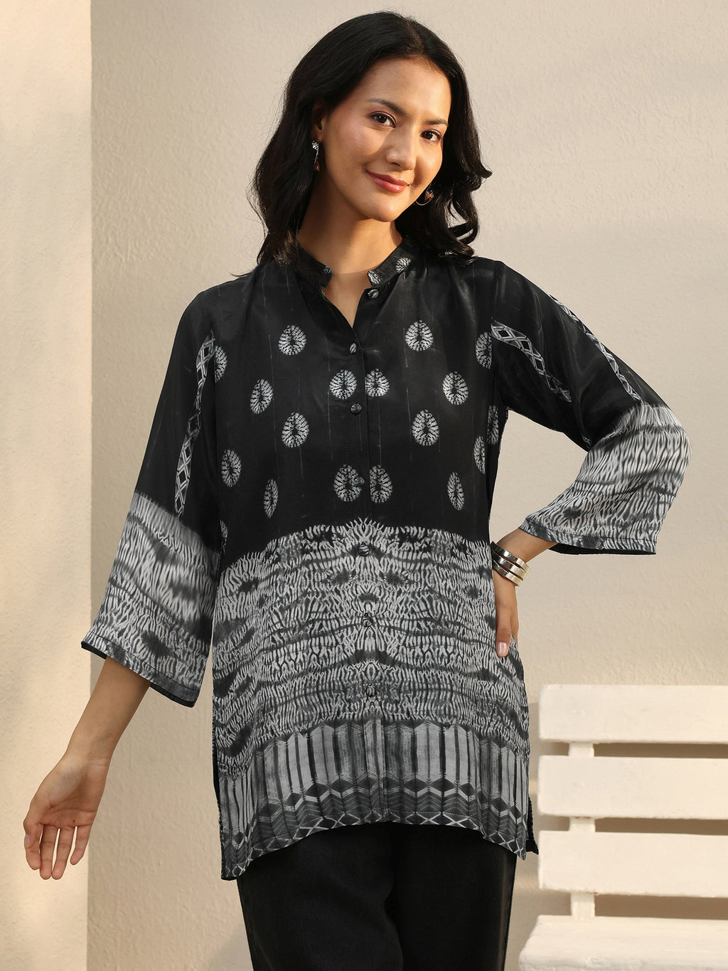 Libas Black Abstract Printed Crepe Shirt