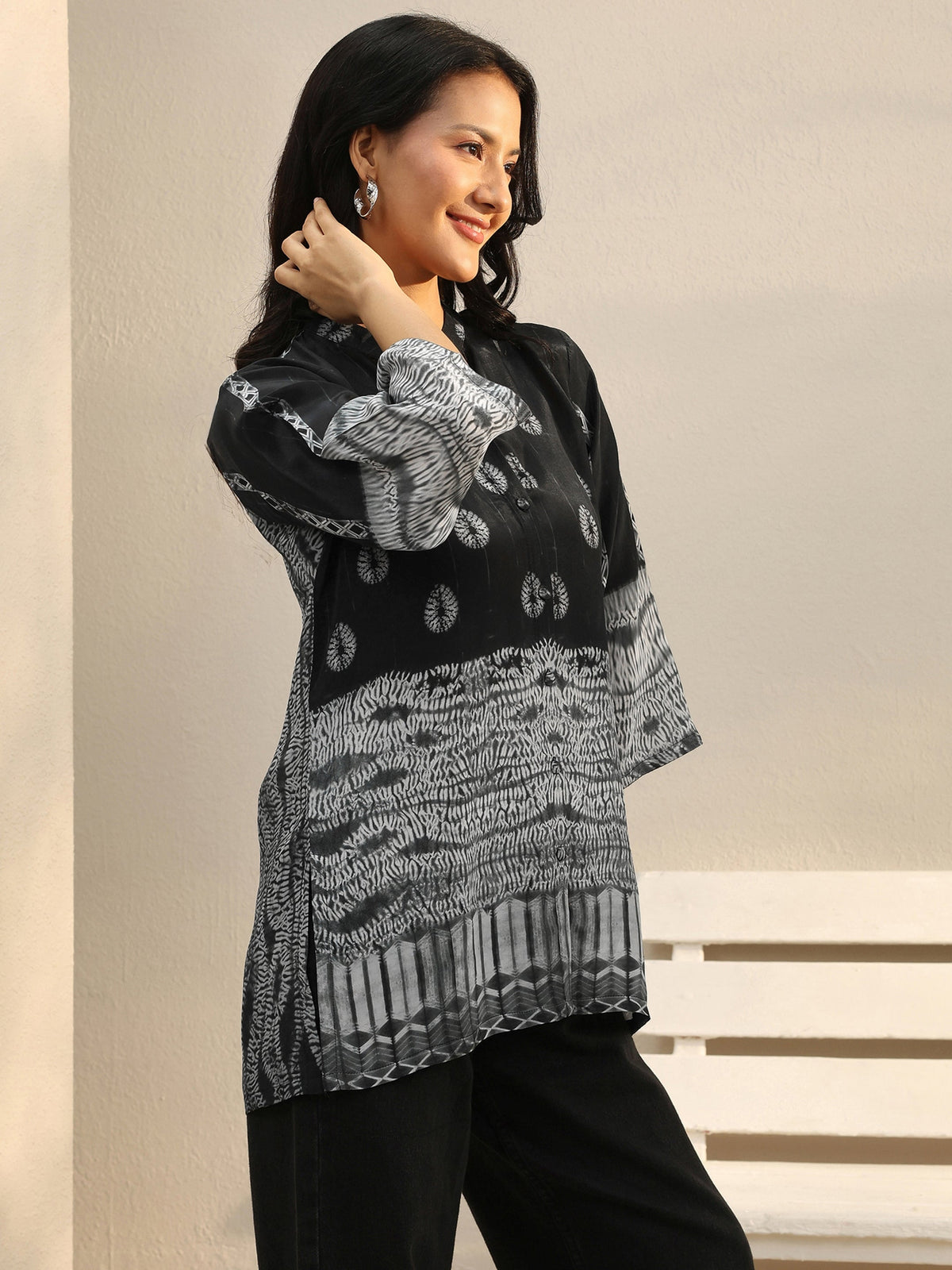 Libas Black Abstract Printed Crepe Shirt